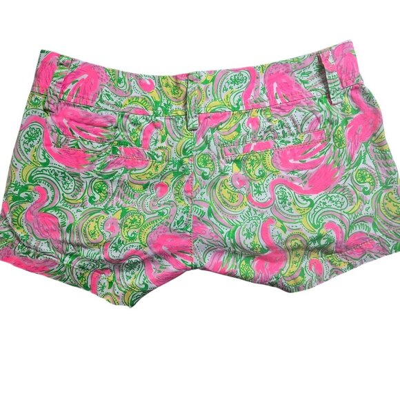 Lilly Pulitzer The Walsh Short Pink & Green Paisley Flamingo Print Womens Size 0 - Picture 2 of 8